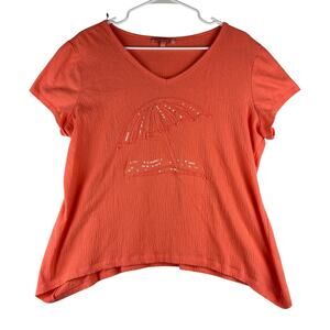 Sun Bay Sequin Beach Umbrella V-Neck Short Slv T-Shirt Womens Large Coral Orange